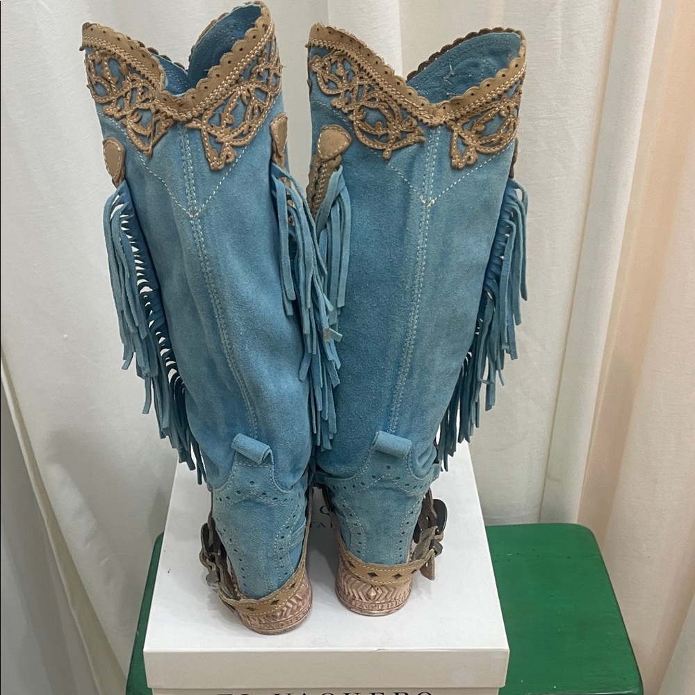 Blue and Tan Fringe Knee Boots - Picture 4 of 10